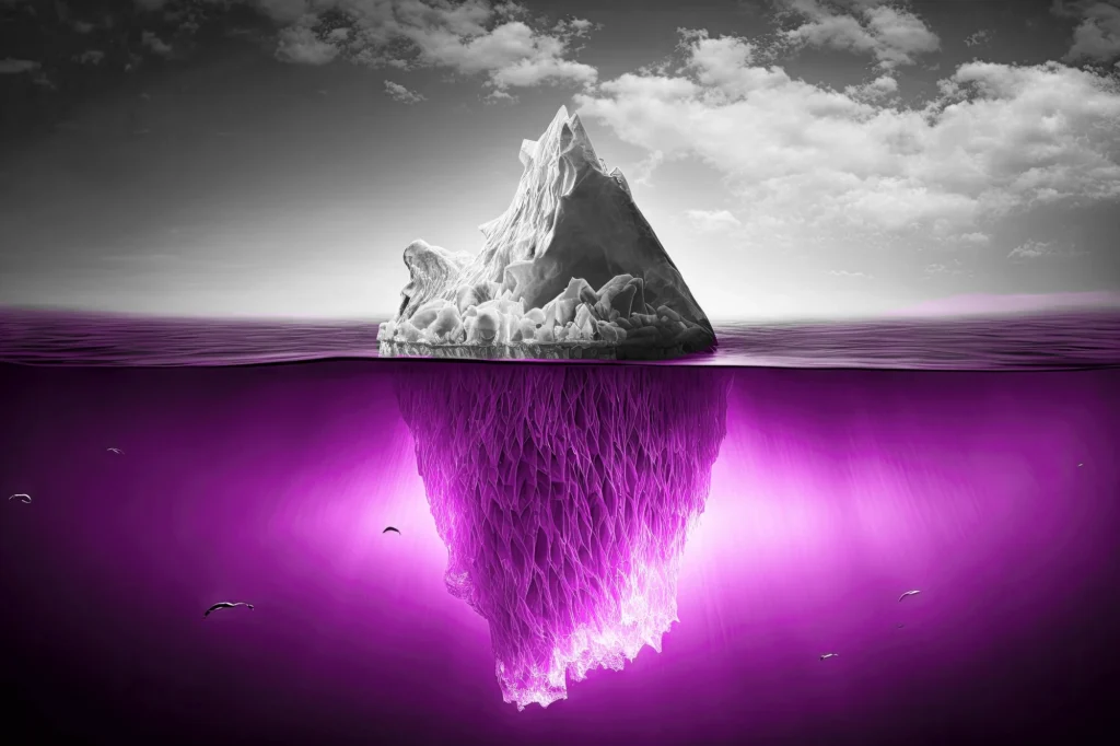 Visão completa de um iceberg. A parte superior está descolorida, enquanto a parte submersa possui uma cor rosa vibrante, representando as oportunidades do Marketing de Performance.