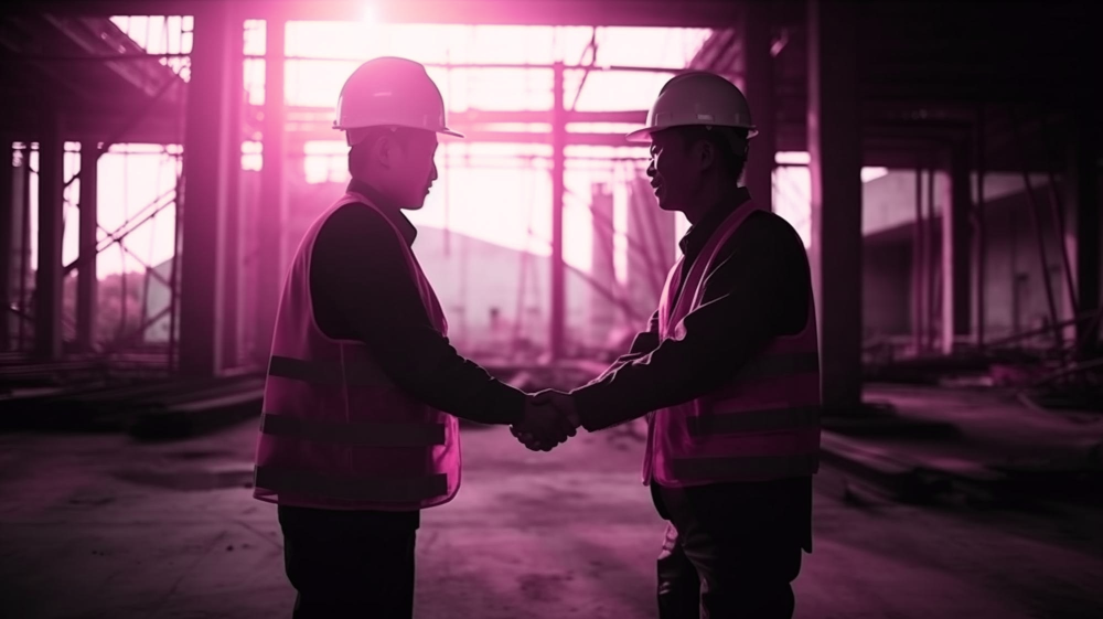 Construction contractors shaking hands at a construction site, both in uniform, apparently discussing Google Local Service Ads strategies.