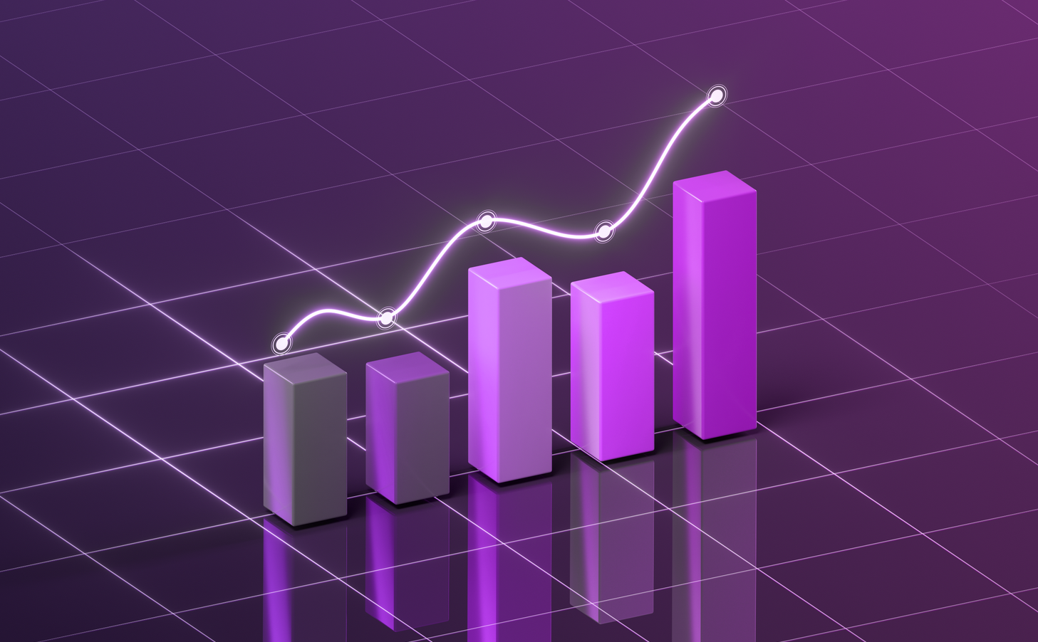 Renderização 3D de gráficos de barras crescendo, representando a importância de acompanhar a evolução do cliente utilizando a inteligência de mercado durante a jornada de compra.