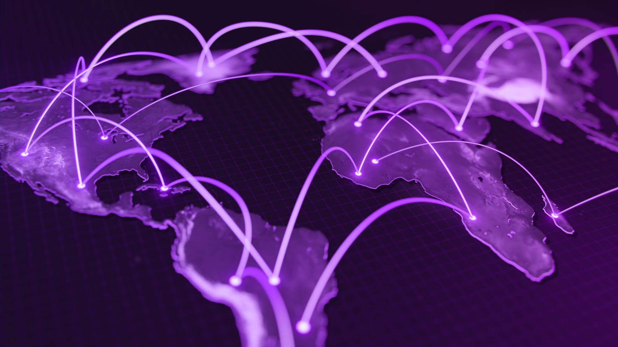 Imagem com um mapa e raios luminosos ligando vários países, representando as estratégias de internacionalização.