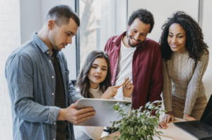 Grupo de pessoas analisando um funil de growth.