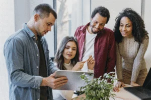 Grupo de pessoas analisando um funil de growth.